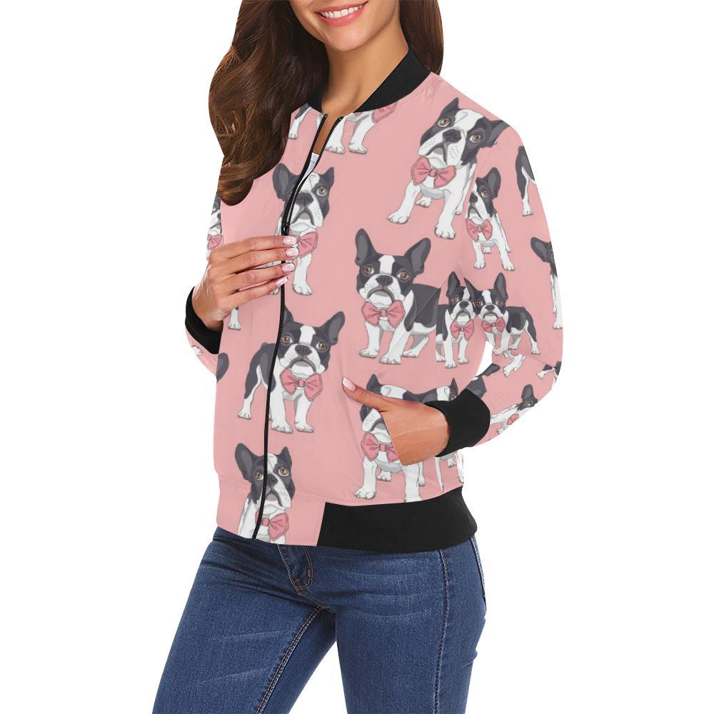 Tuxedo Bulldog Pattern Print Women Casual Bomber Jacket-grizzshop