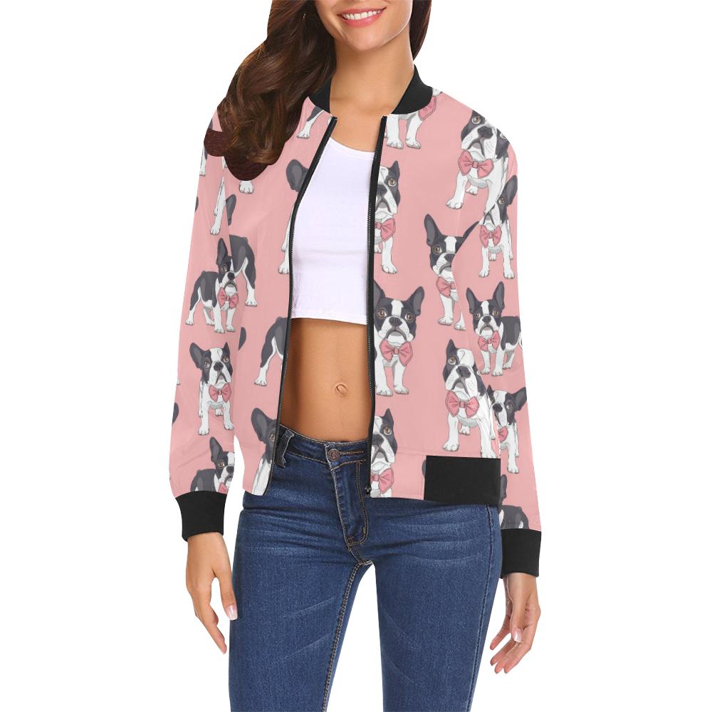 Tuxedo Bulldog Pattern Print Women Casual Bomber Jacket-grizzshop