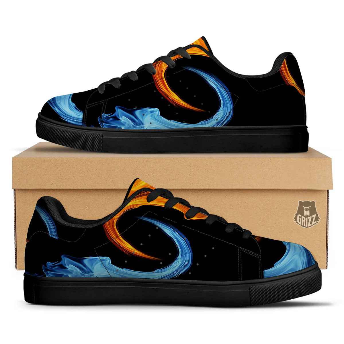 Twin Flame Blue And Red Print Black Low Top Sneakers-grizzshop