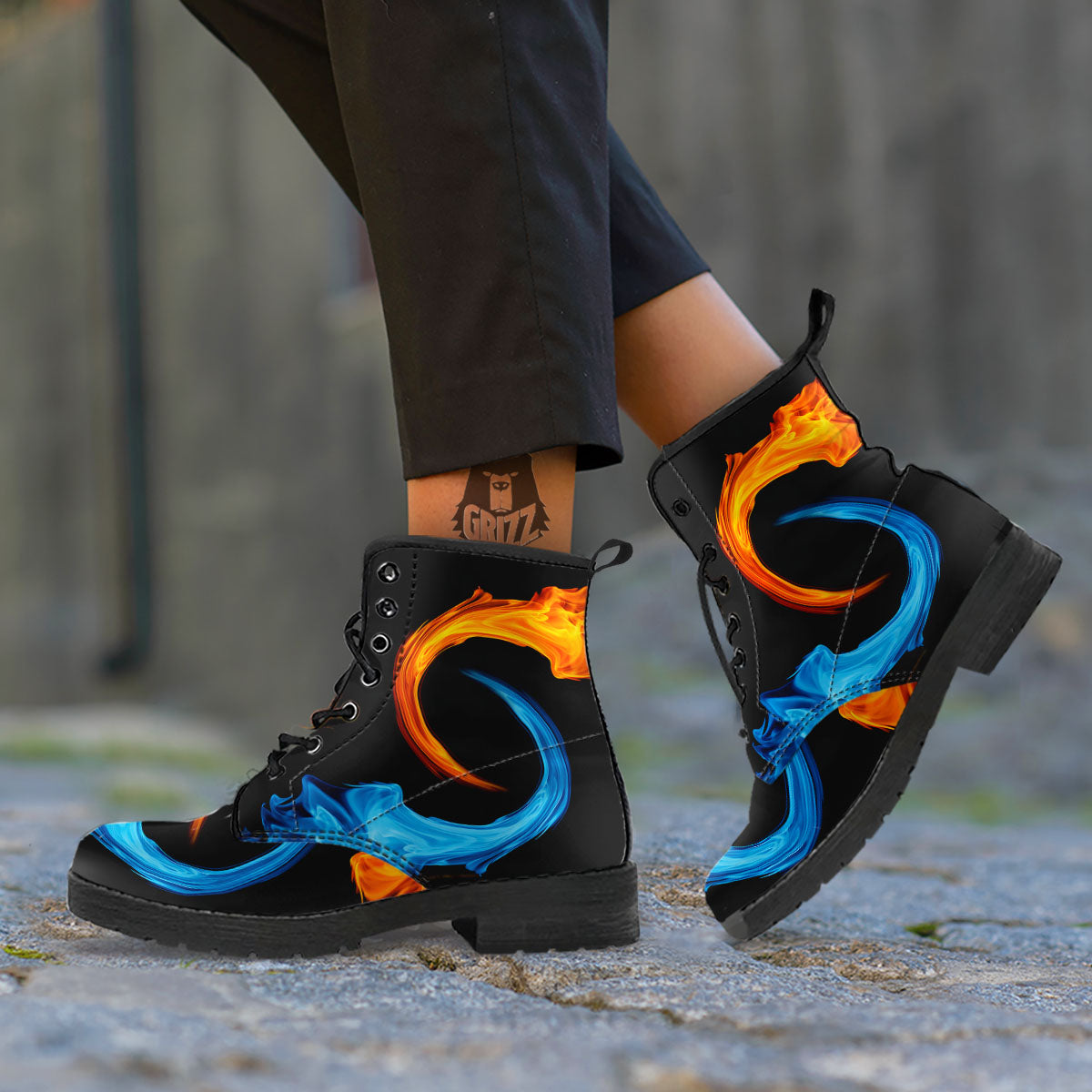 Twin Flame Blue And Red Print Leather Boots-grizzshop