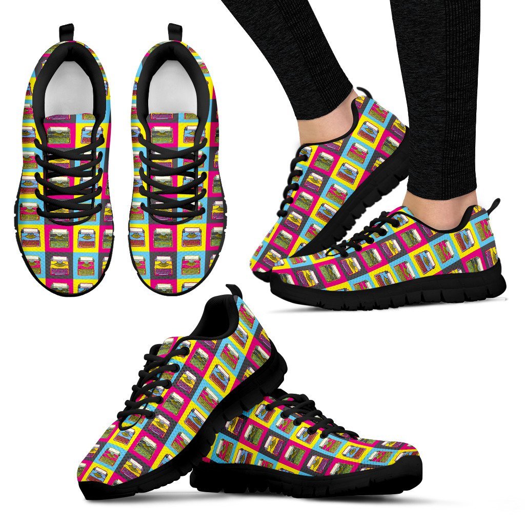 Typewriter Pattern Print Black Sneaker Shoes For Men Women-grizzshop