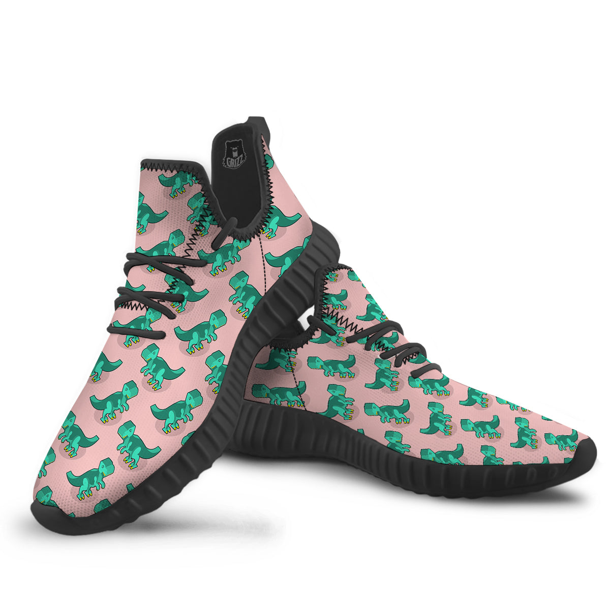 Tyrannosaurus Isometric Print Pattern Black Walking Shoes-grizzshop