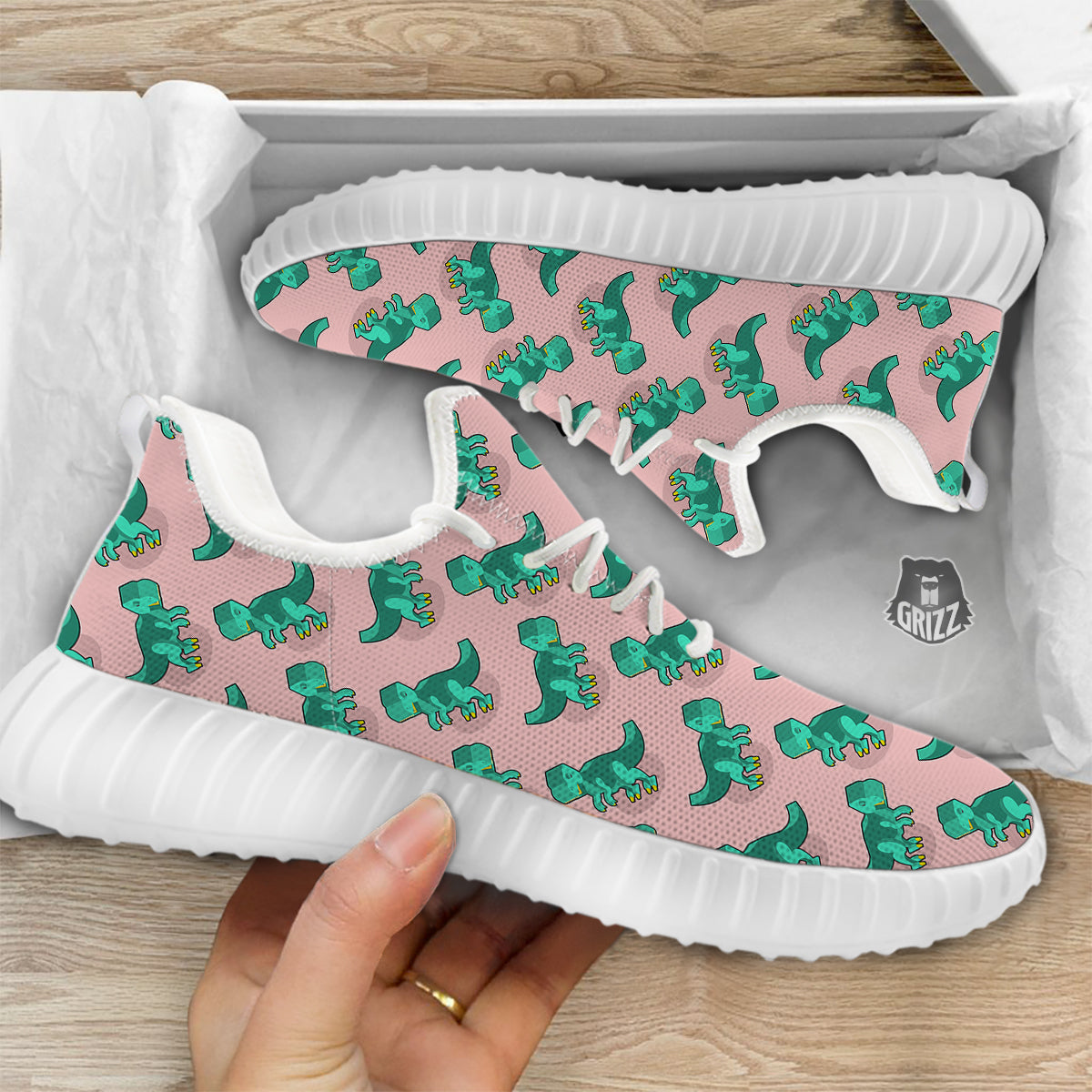 Tyrannosaurus Isometric Print Pattern White Walking Shoes-grizzshop