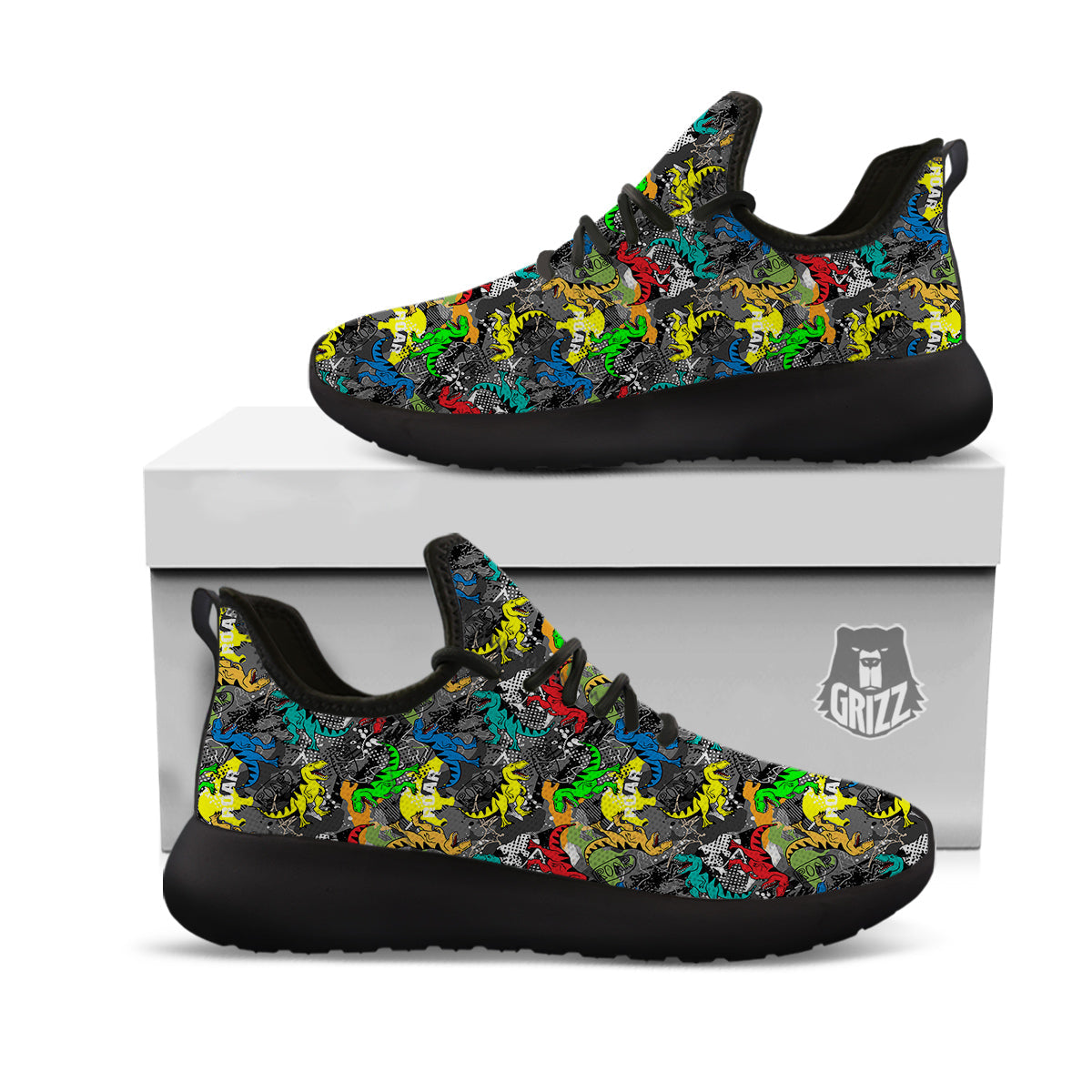 Tyrannosaurus Rex Colorful Print Black Athletic Shoes-grizzshop