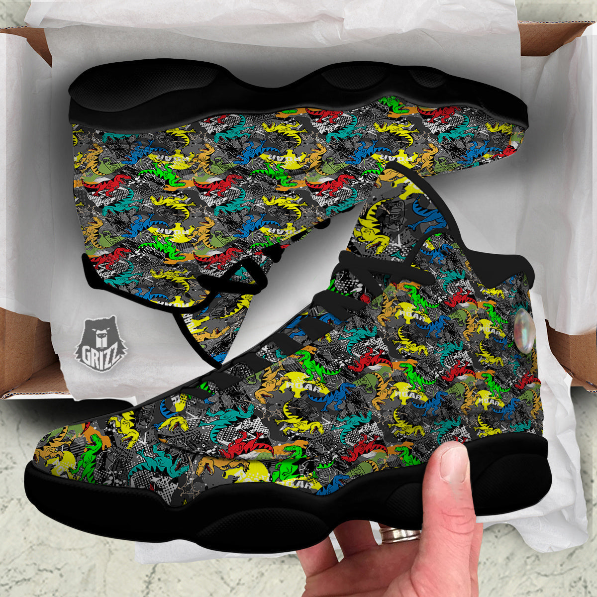 Tyrannosaurus Rex Colorful Print Black Basketball Shoes-grizzshop