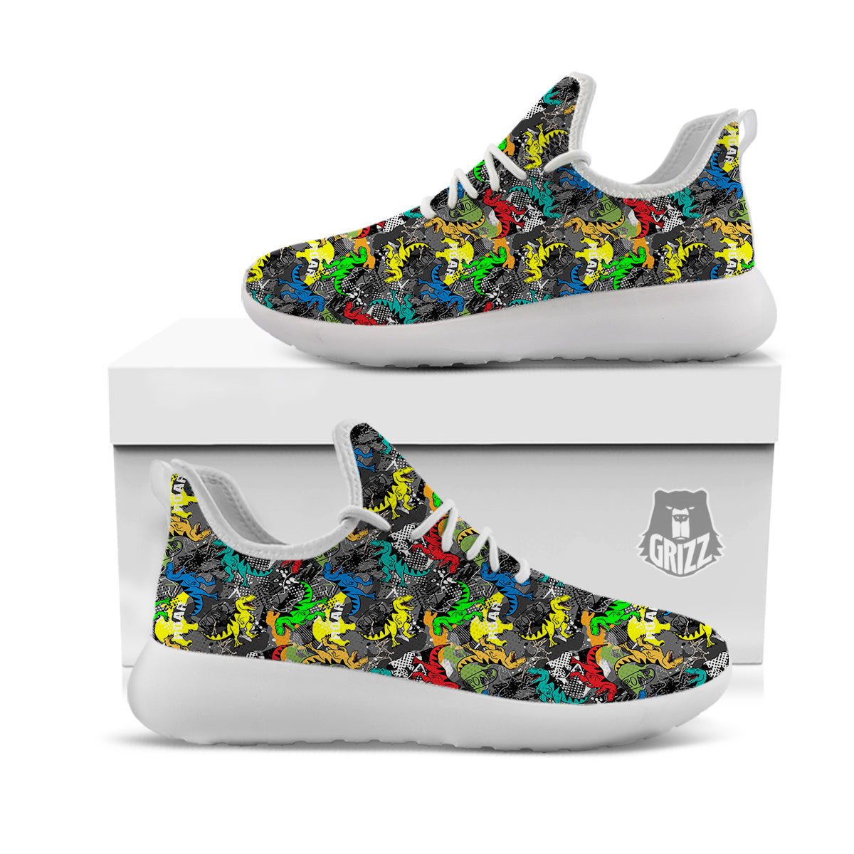 Tyrannosaurus Rex Colorful Print White Athletic Shoes-grizzshop