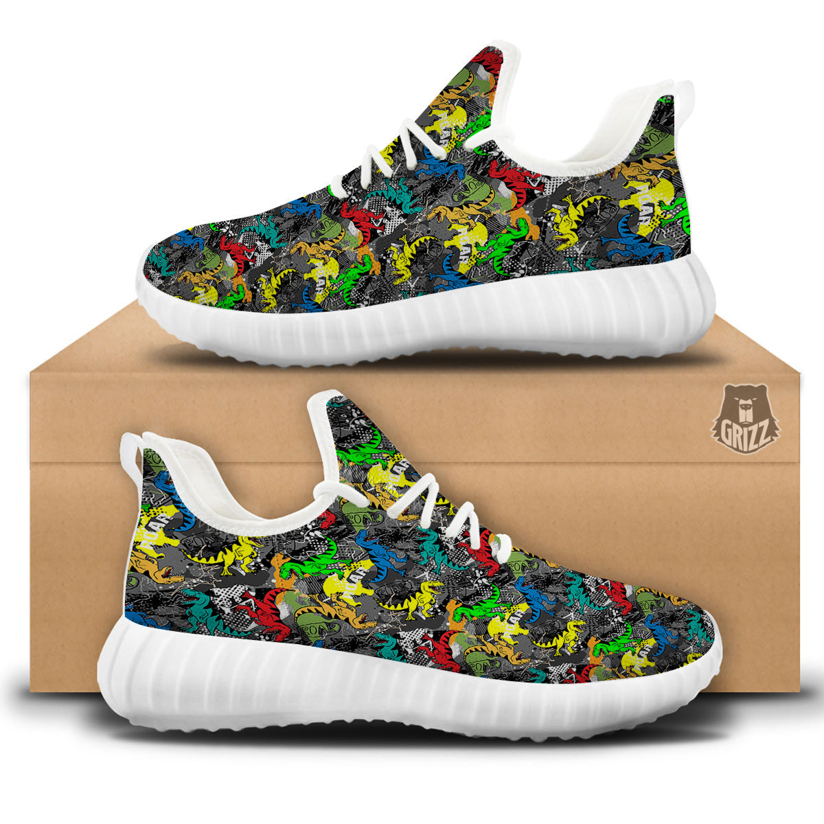 Tyrannosaurus Rex Colorful Print White Walking Shoes-grizzshop
