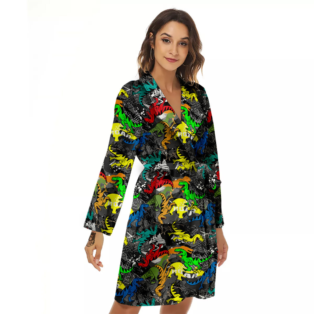 Tyrannosaurus Rex Colorful Print Women's Robe-grizzshop
