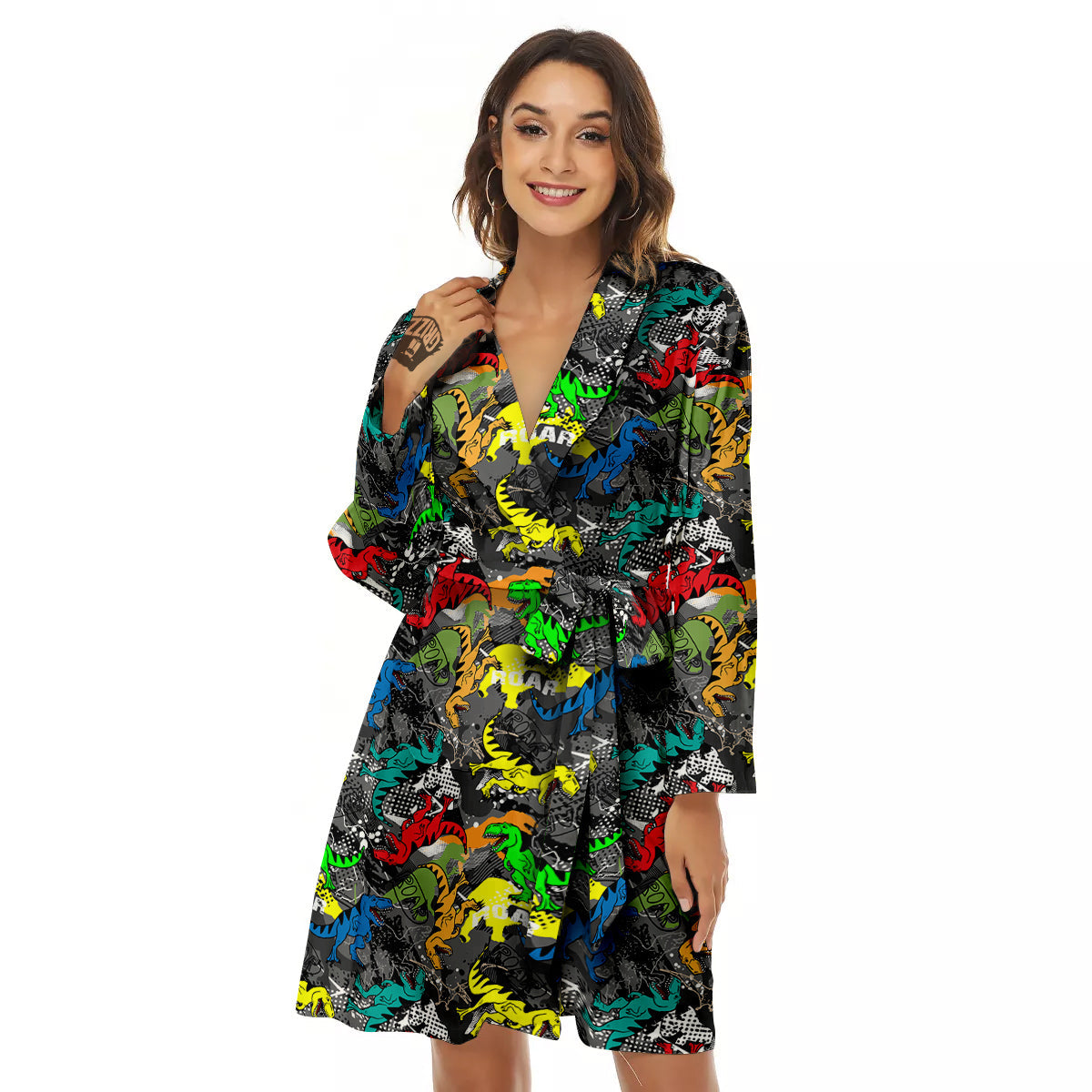 Tyrannosaurus Rex Colorful Print Women's Robe-grizzshop