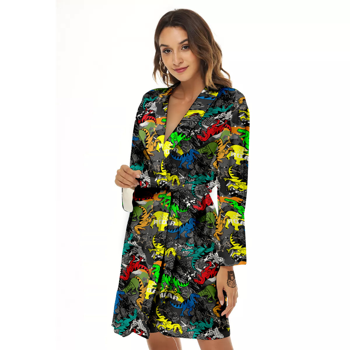 Tyrannosaurus Rex Colorful Print Women's Robe-grizzshop