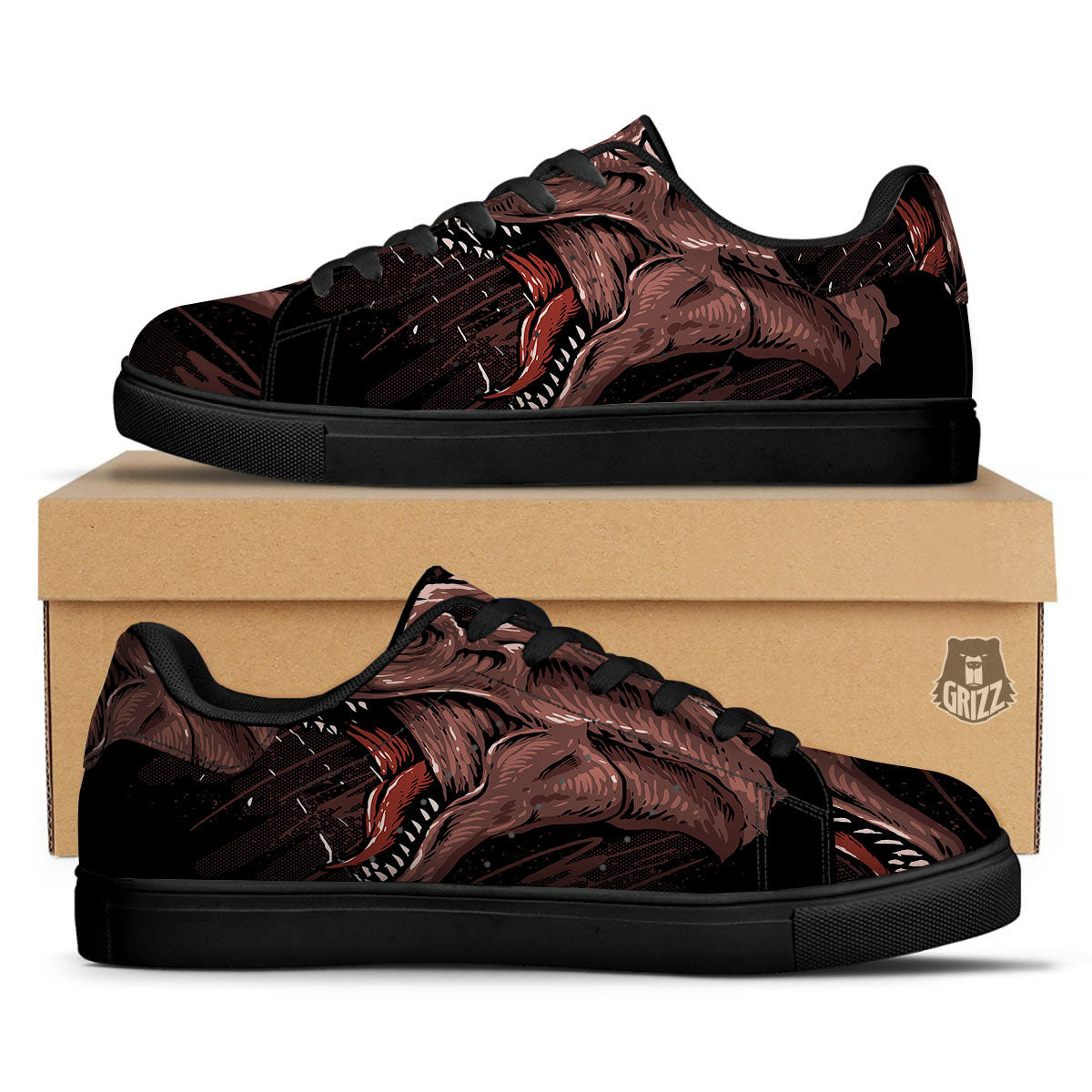 Tyrannosaurus Rex Head Print Black Low Top Sneakers-grizzshop