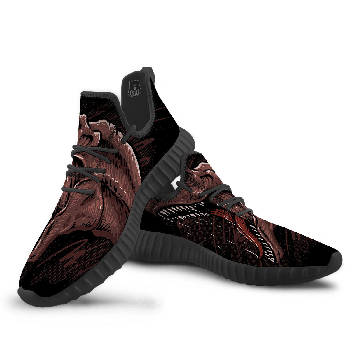 Tyrannosaurus Rex Head Print Black Walking Shoes-grizzshop