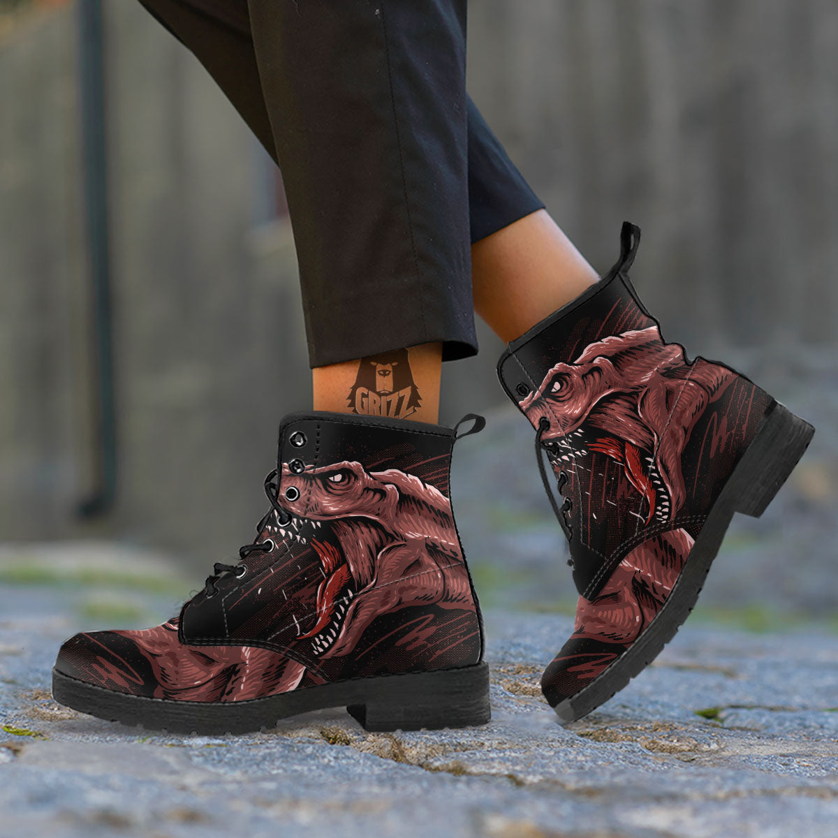 Tyrannosaurus Rex Head Print Leather Boots-grizzshop