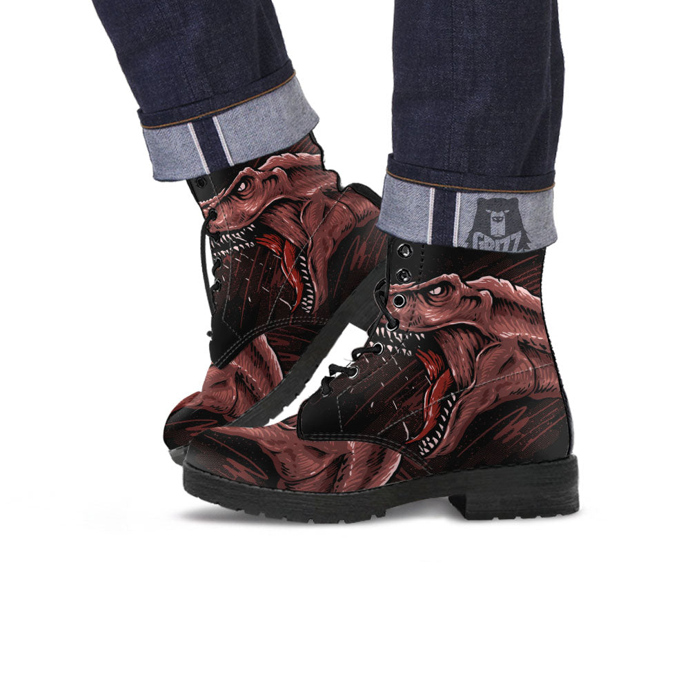 Tyrannosaurus Rex Head Print Leather Boots-grizzshop