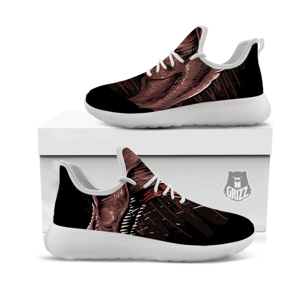 Tyrannosaurus Rex Head Print White Athletic Shoes-grizzshop