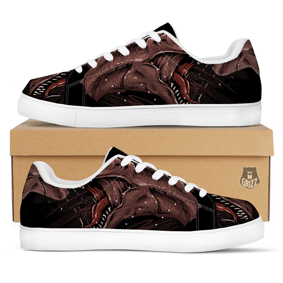 Tyrannosaurus Rex Head Print White Low Top Sneakers-grizzshop