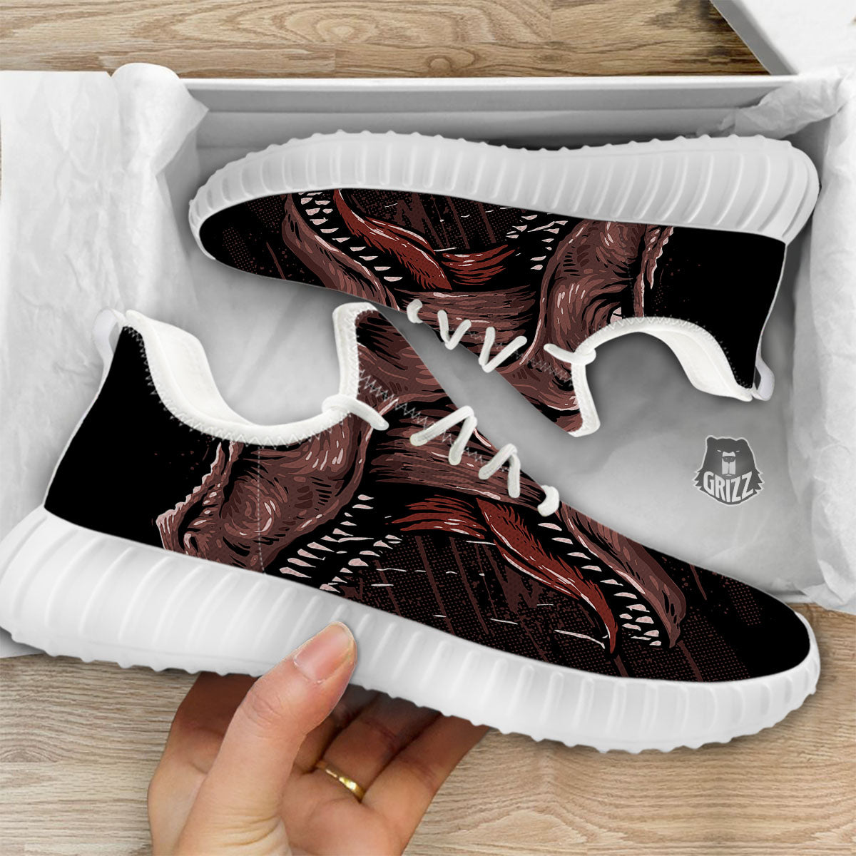 Tyrannosaurus Rex Head Print White Walking Shoes-grizzshop