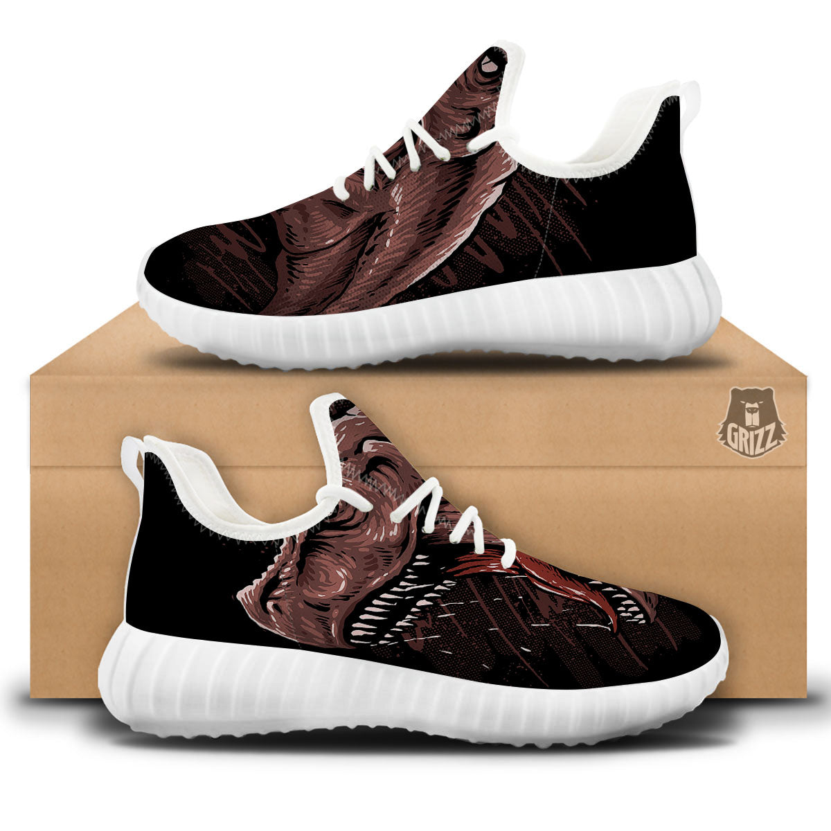 Tyrannosaurus Rex Head Print White Walking Shoes-grizzshop
