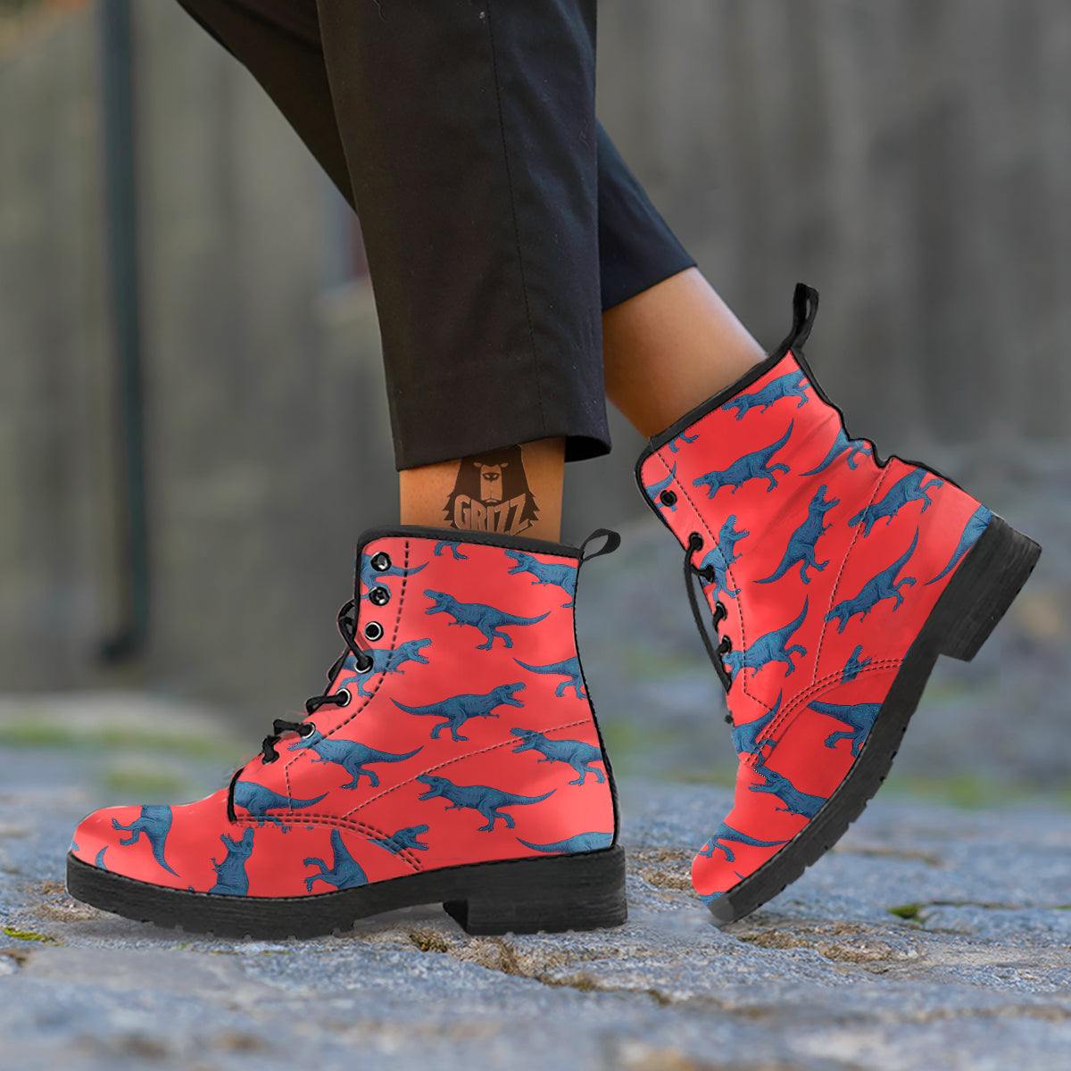 Tyrannosaurus Rex Print Pattern Leather Boots-grizzshop