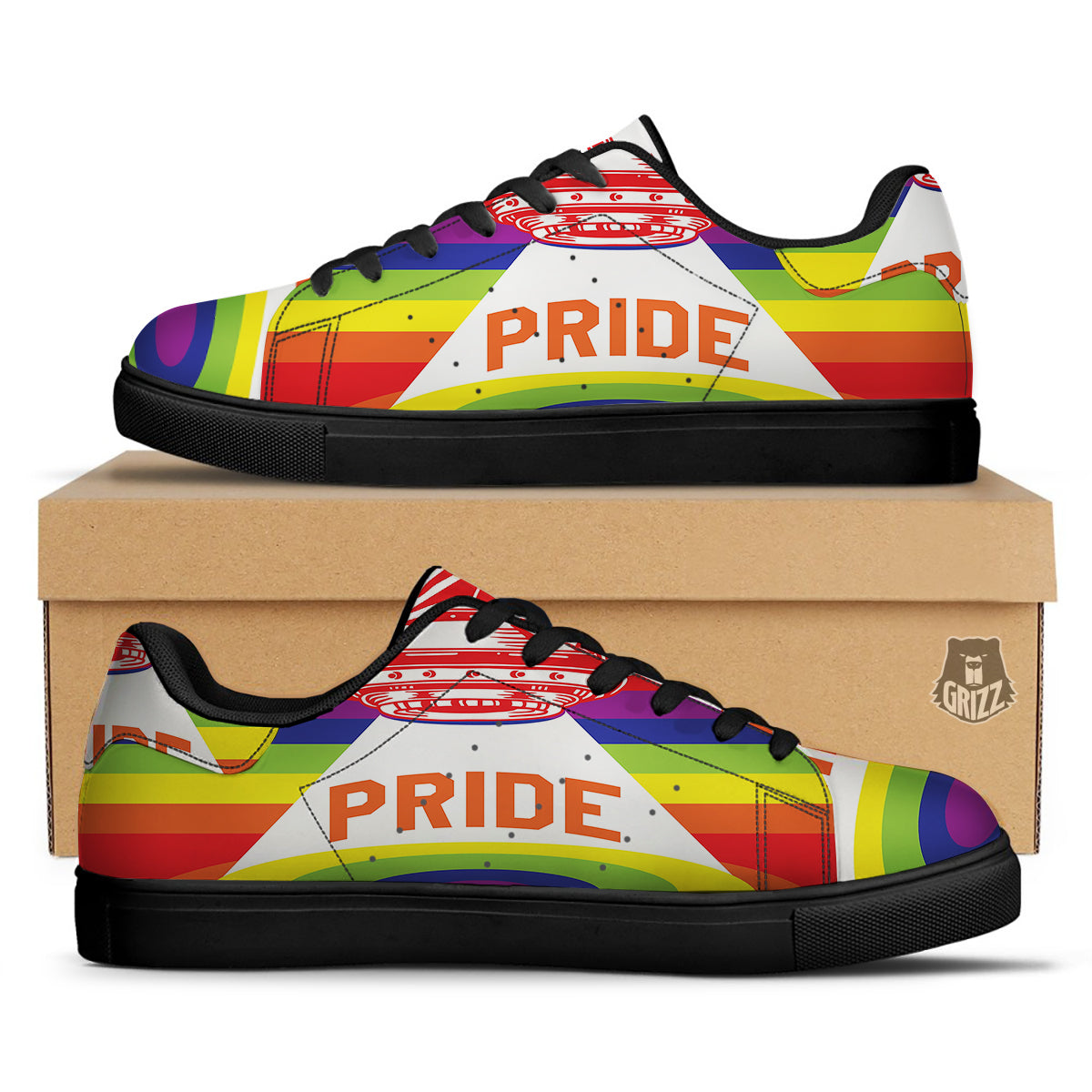UFO LGBT Pride Rainbow Print Black Low Top Sneakers-grizzshop