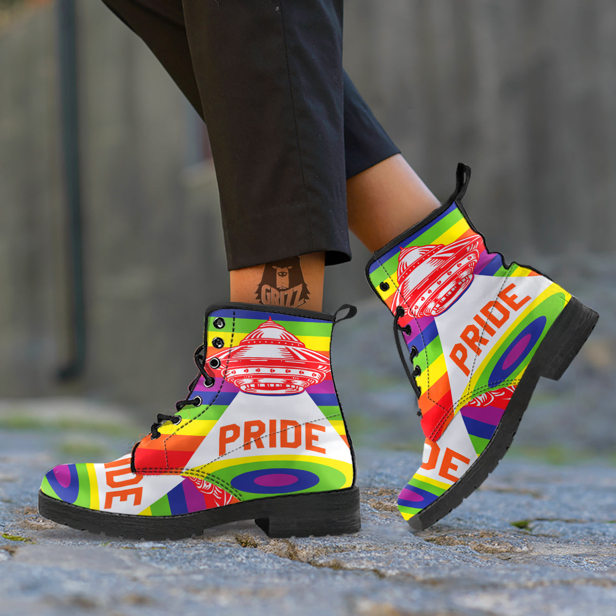 UFO LGBT Pride Rainbow Print Leather Boots-grizzshop