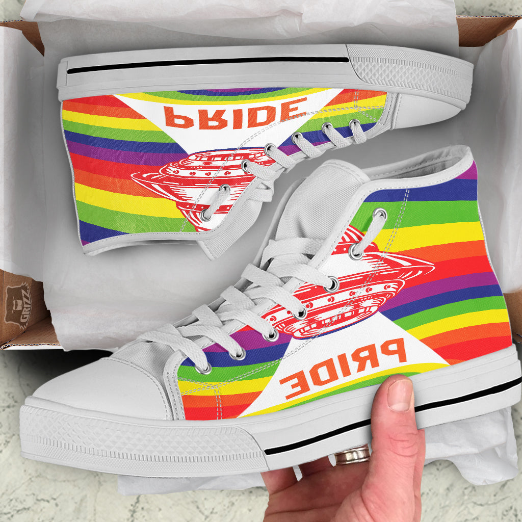 UFO LGBT Pride Rainbow Print White High Top Shoes-grizzshop