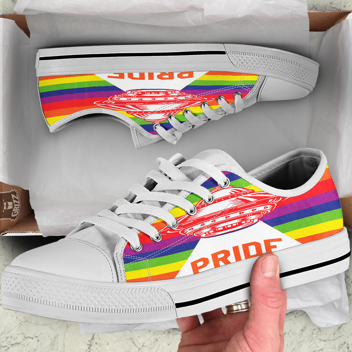 UFO LGBT Pride Rainbow Print White Low Top Shoes-grizzshop