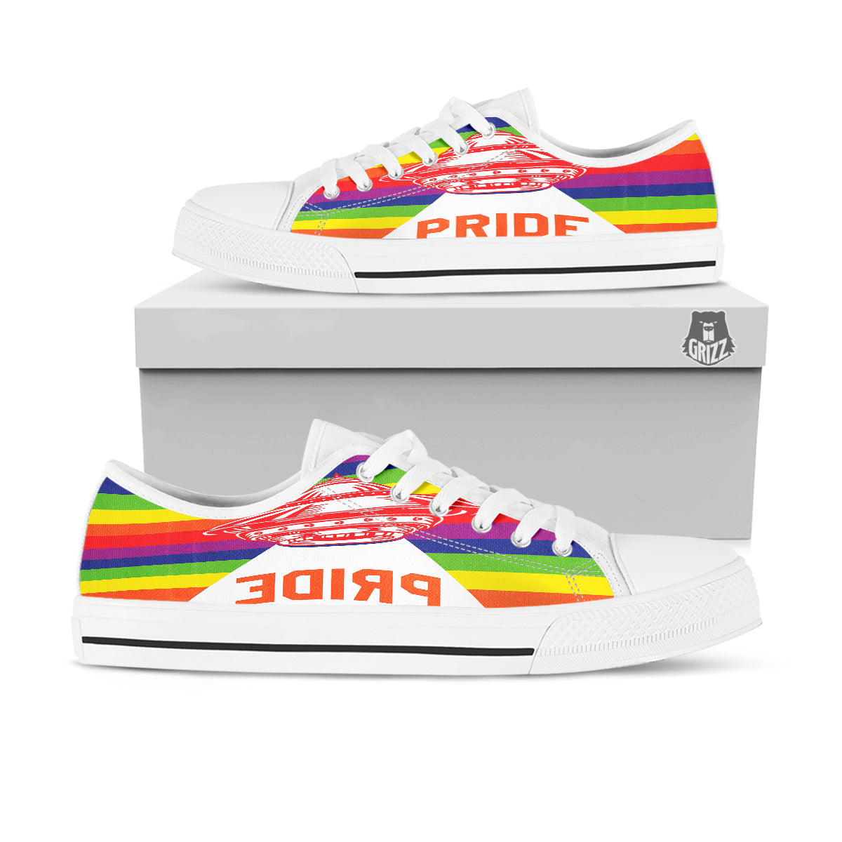 UFO LGBT Pride Rainbow Print White Low Top Shoes-grizzshop