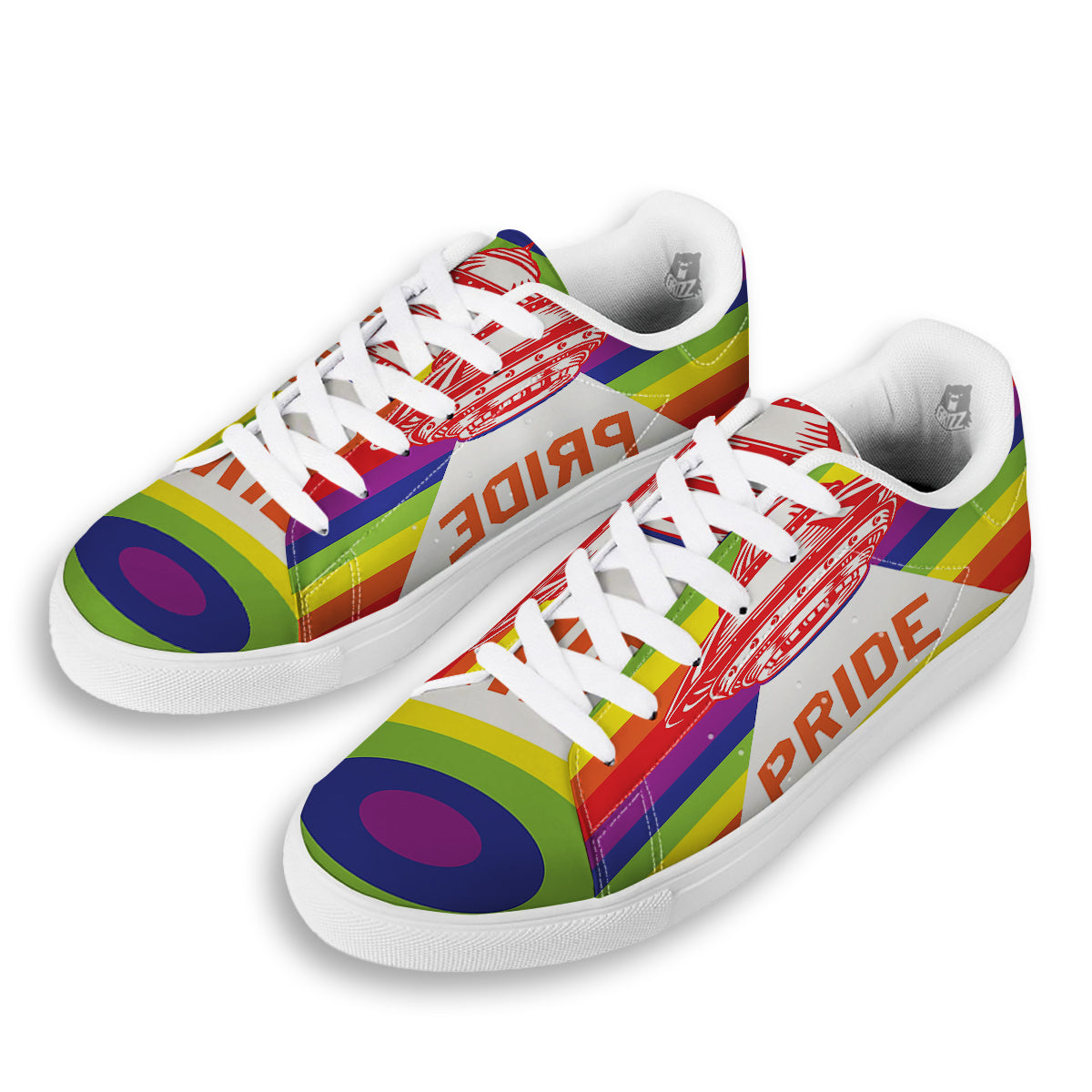 UFO LGBT Pride Rainbow Print White Low Top Sneakers-grizzshop