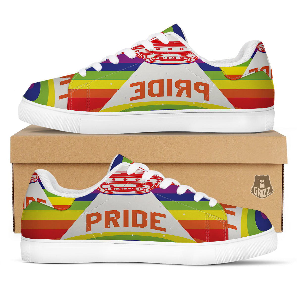 UFO LGBT Pride Rainbow Print White Low Top Sneakers-grizzshop