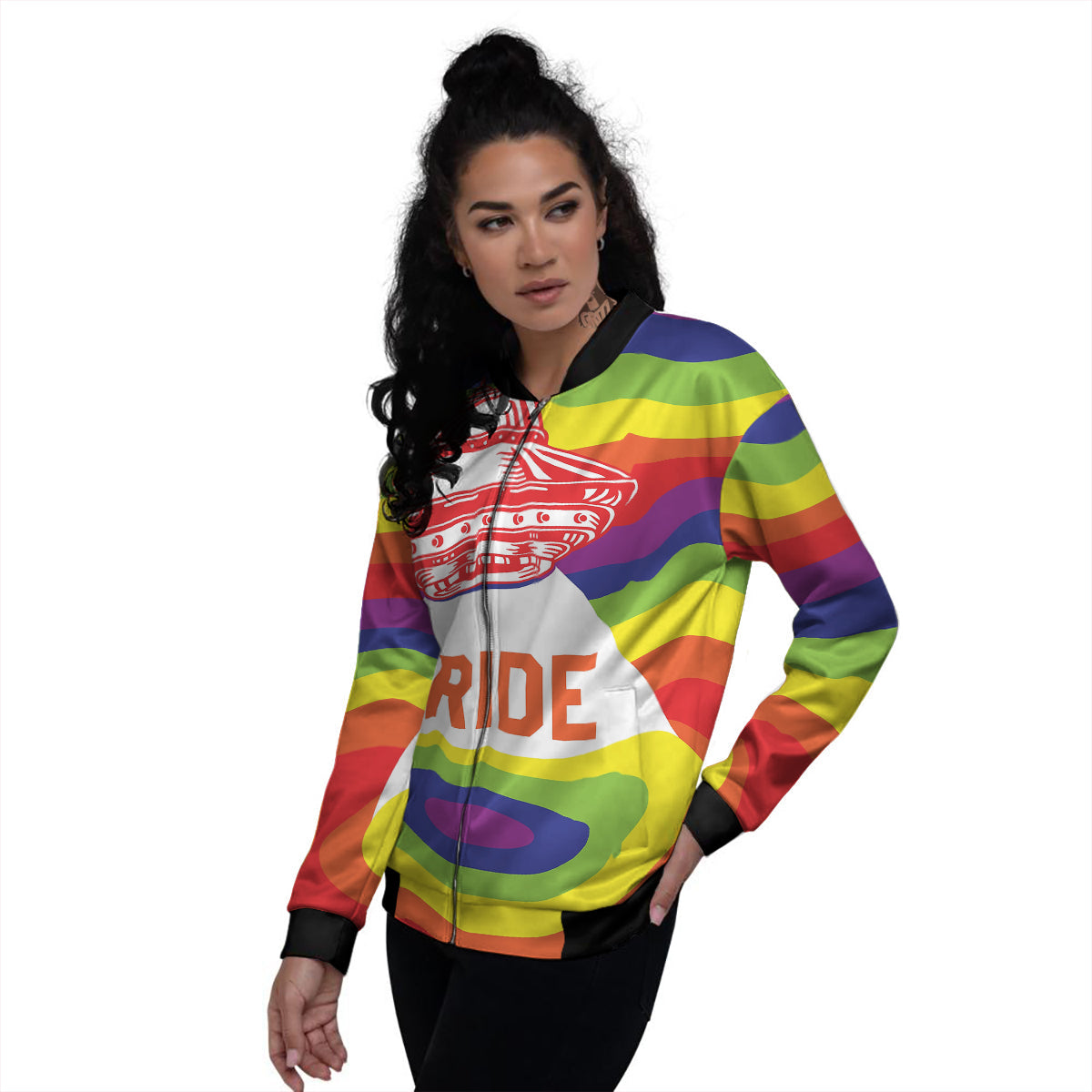 UFO LGBT Pride Rainbow Print Women's Bomber Jacket-grizzshop