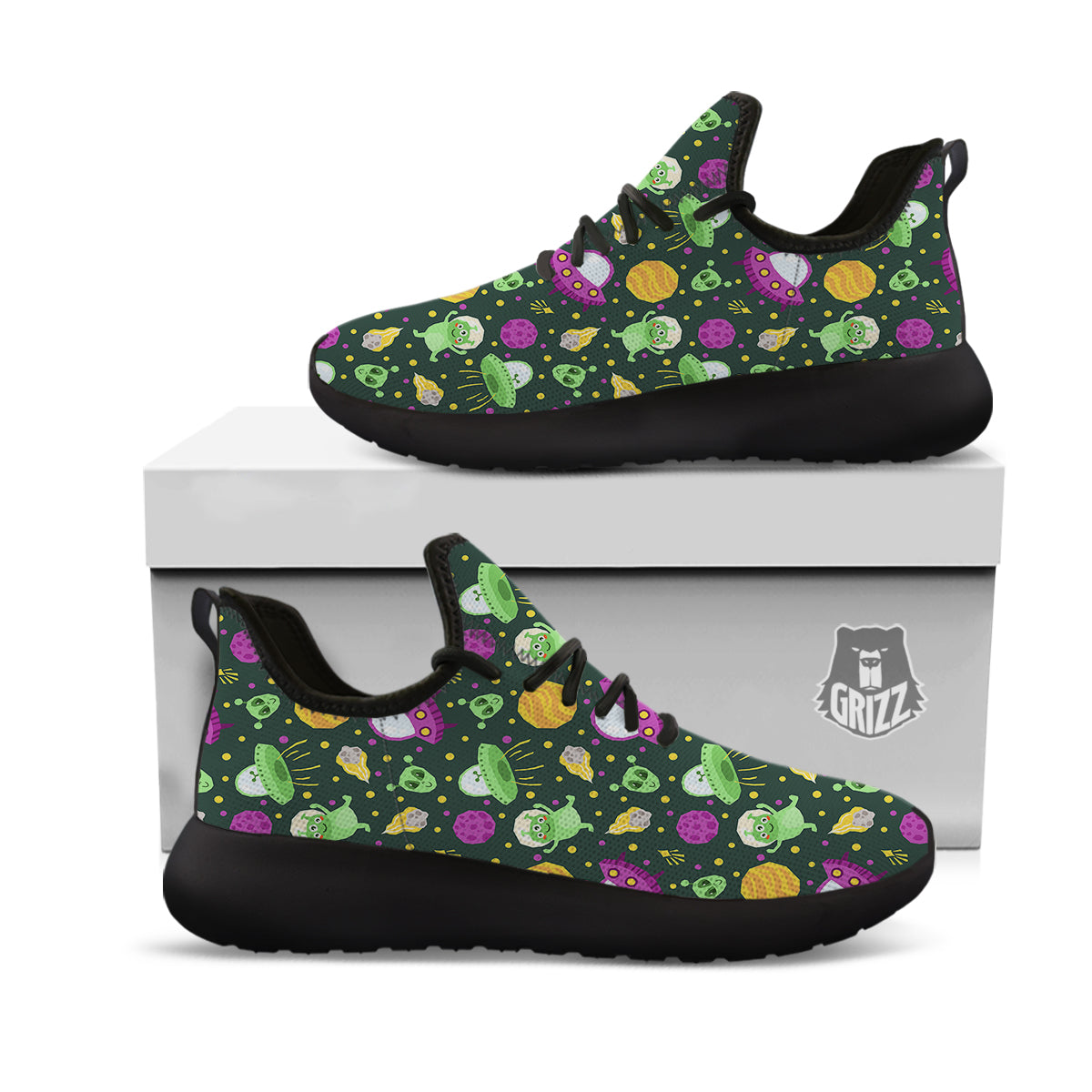 UFO Little Green Alien Print Pattern Black Athletic Shoes-grizzshop