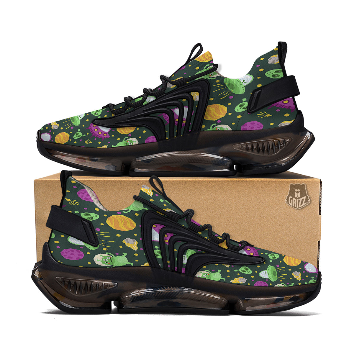 UFO Little Green Alien Print Pattern Black Gym Shoes-grizzshop