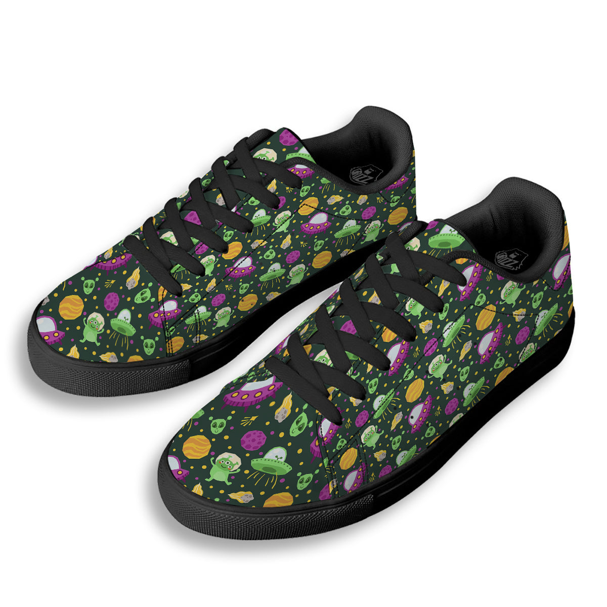 UFO Little Green Alien Print Pattern Black Low Top Sneakers-grizzshop
