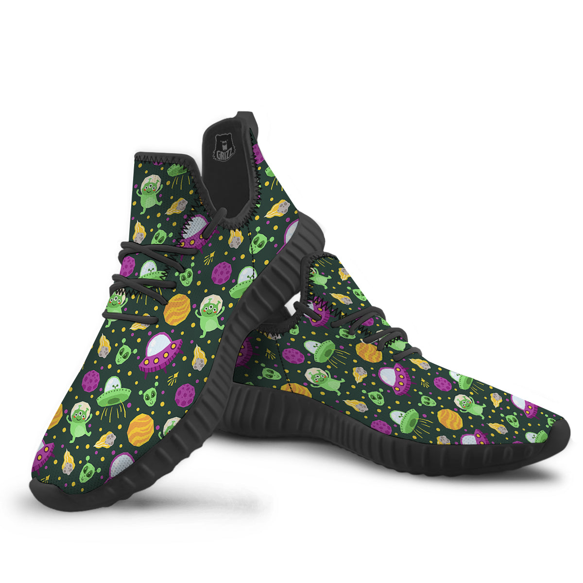 UFO Little Green Alien Print Pattern Black Walking Shoes-grizzshop