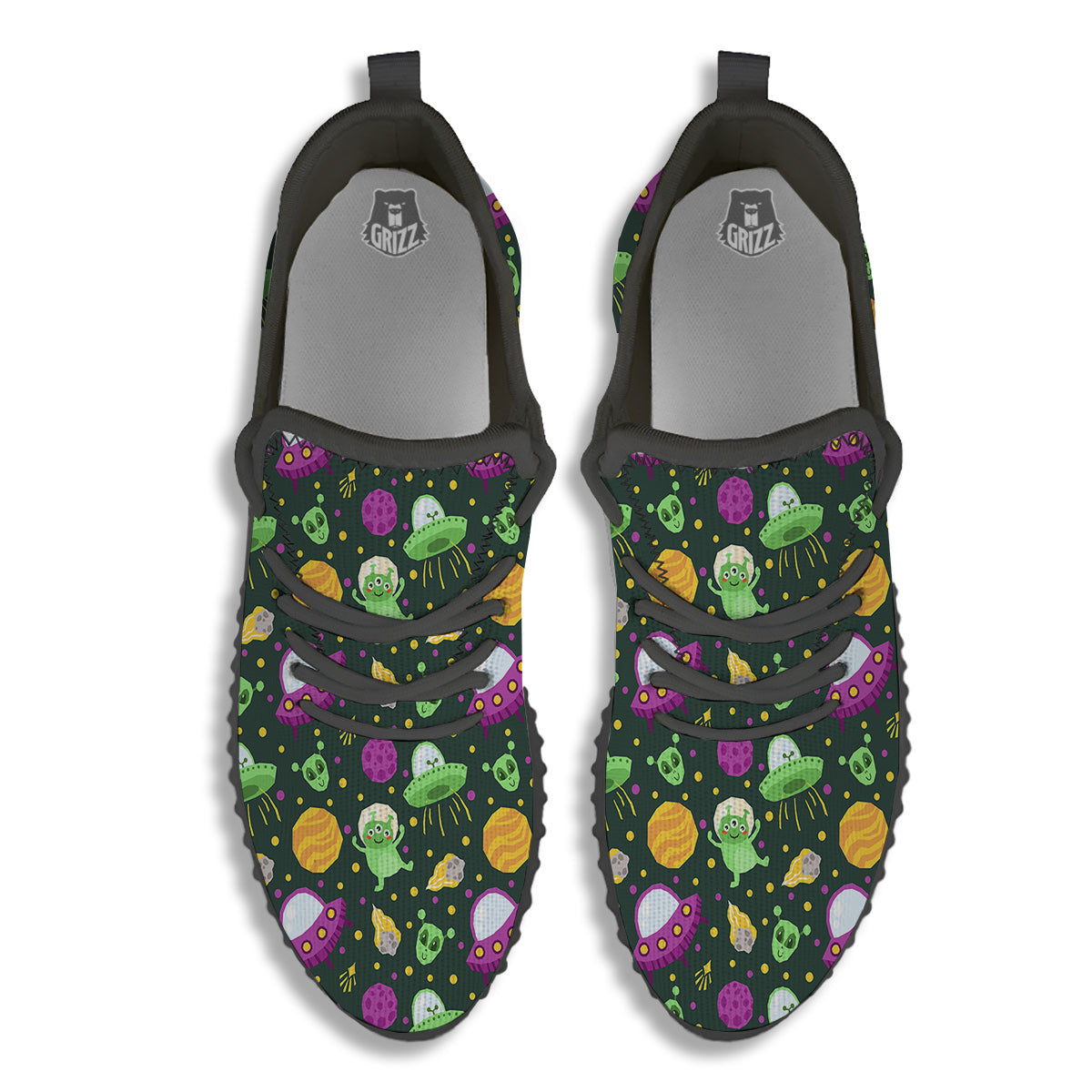 UFO Little Green Alien Print Pattern Black Walking Shoes-grizzshop
