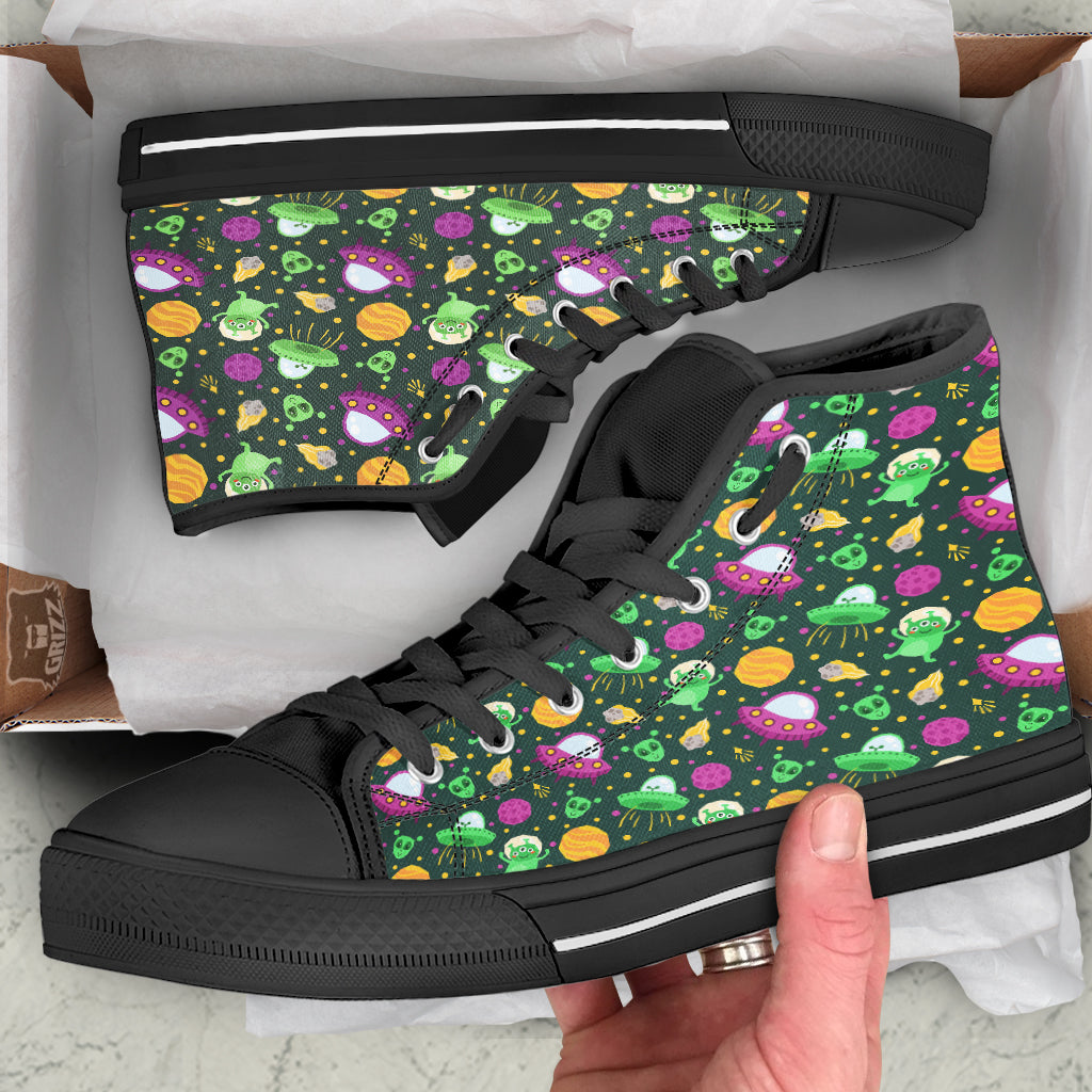 UFO Little Green Alien Print Pattern High Top Shoes-grizzshop