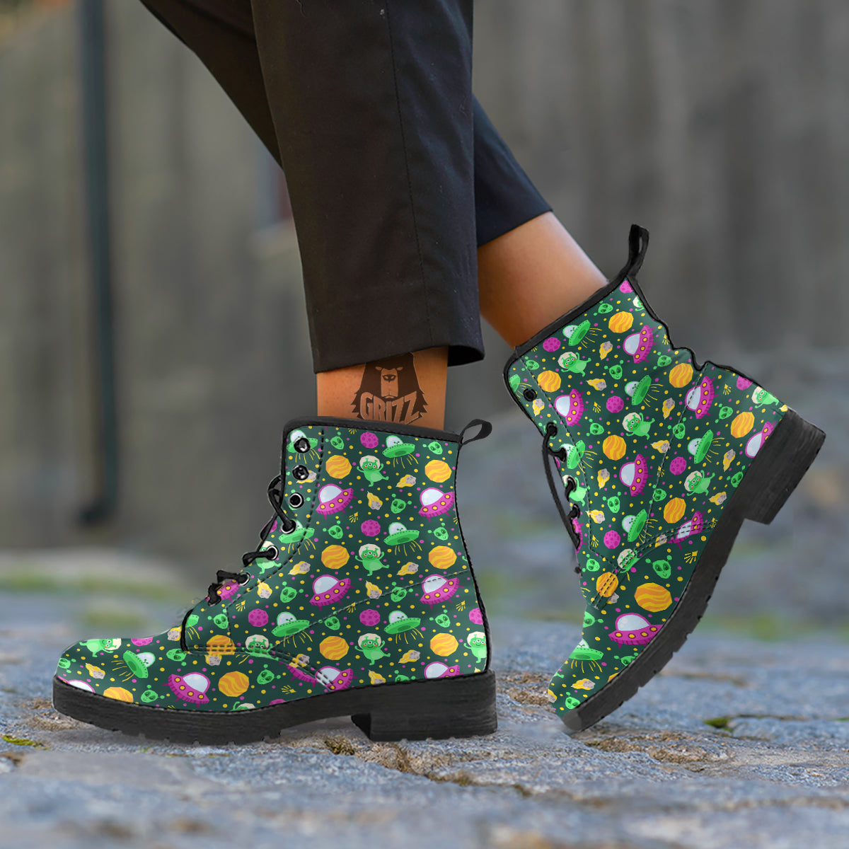 UFO Little Green Alien Print Pattern Leather Boots-grizzshop