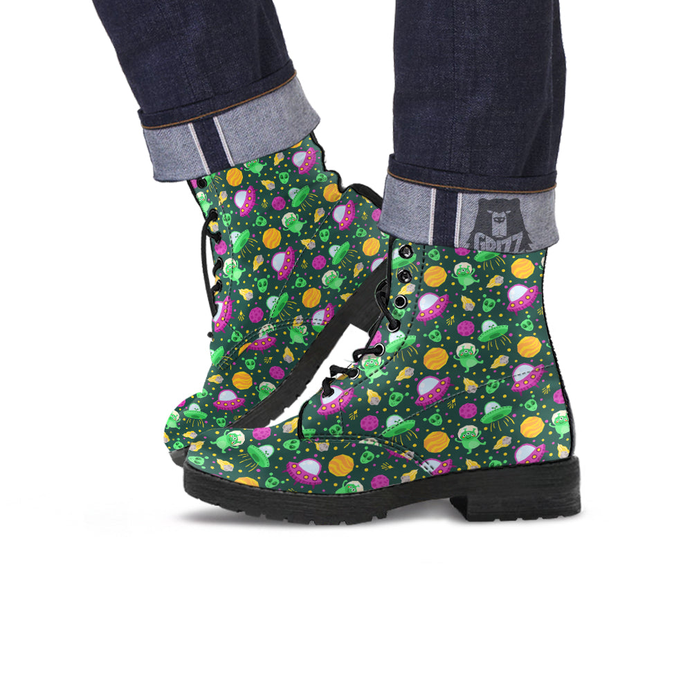 UFO Little Green Alien Print Pattern Leather Boots-grizzshop