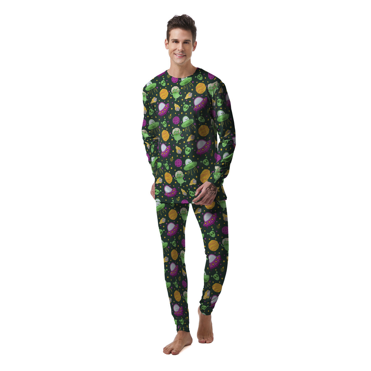 UFO Little Green Alien Print Pattern Men's Pajamas-grizzshop