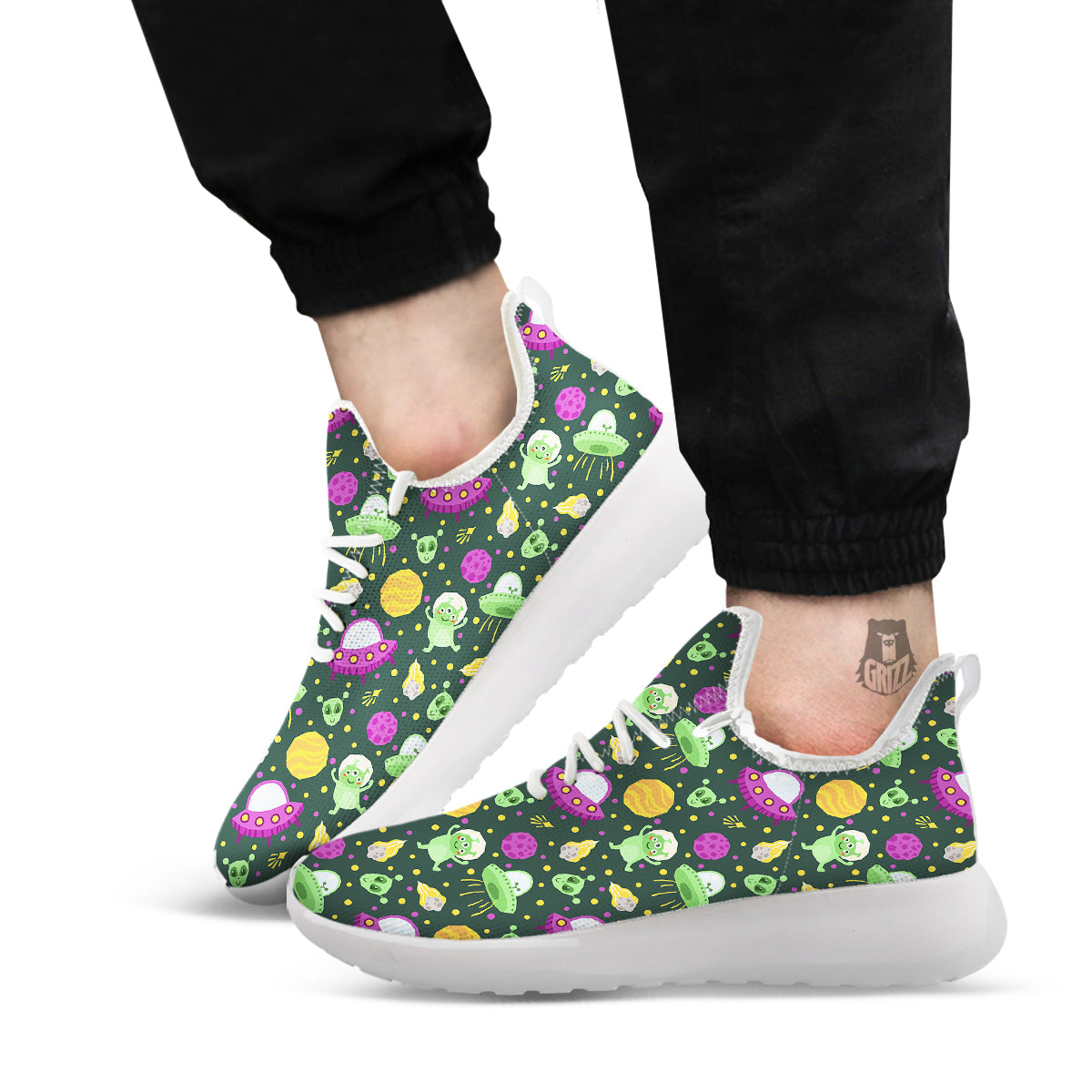 UFO Little Green Alien Print Pattern White Athletic Shoes-grizzshop