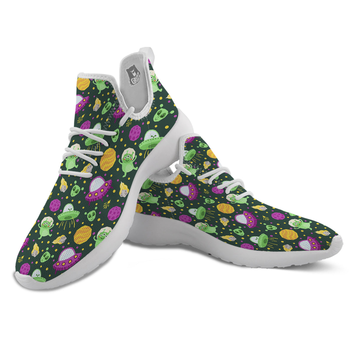 UFO Little Green Alien Print Pattern White Athletic Shoes-grizzshop