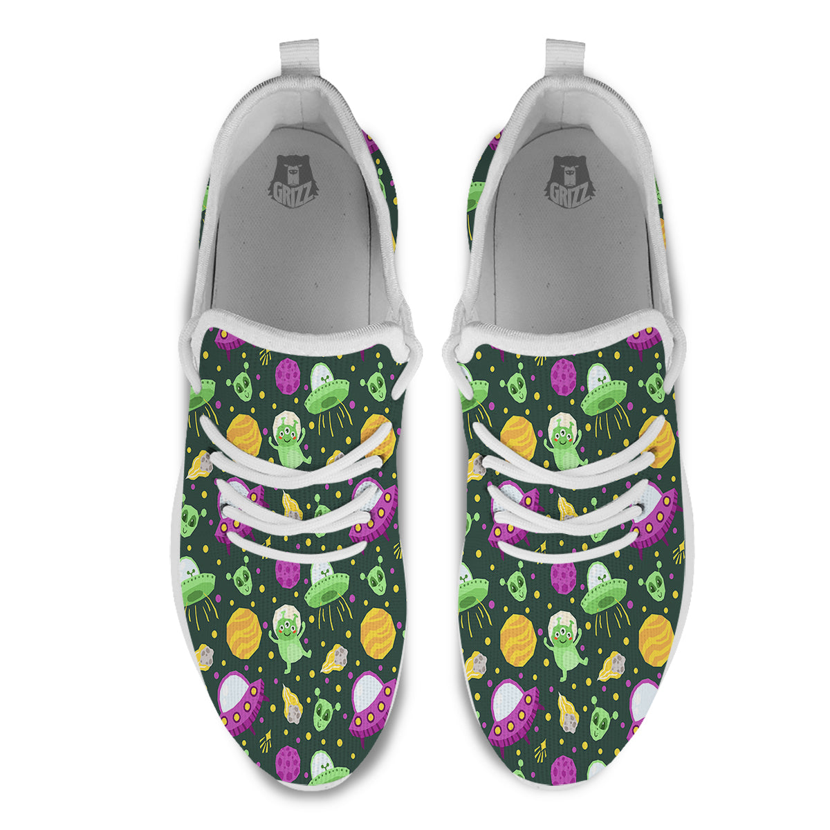 UFO Little Green Alien Print Pattern White Athletic Shoes-grizzshop
