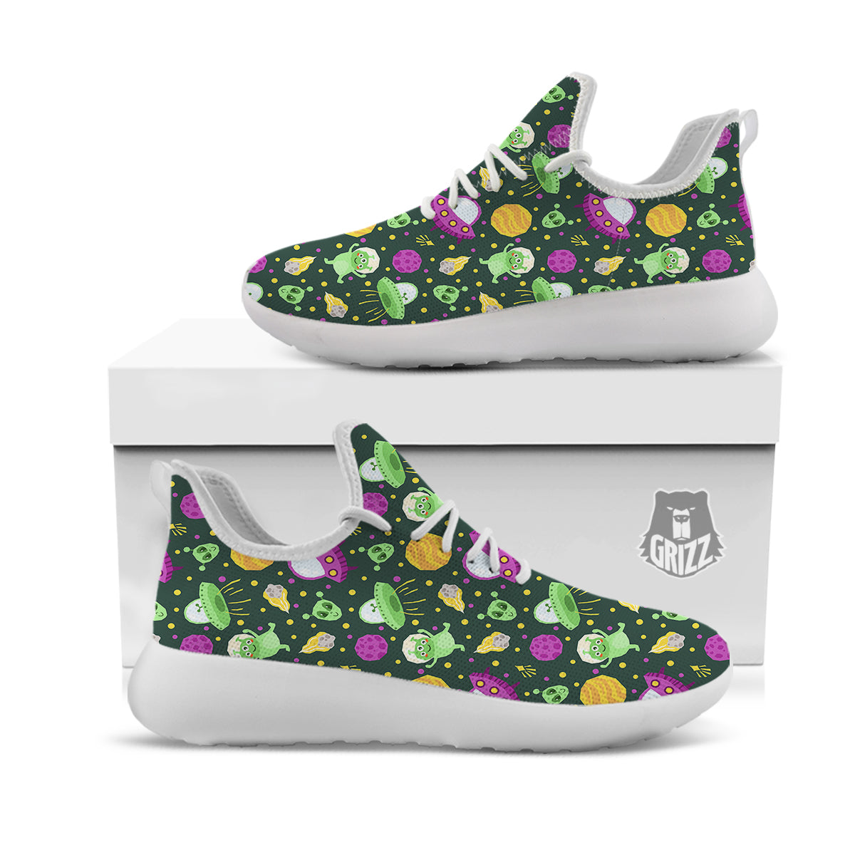 UFO Little Green Alien Print Pattern White Athletic Shoes-grizzshop