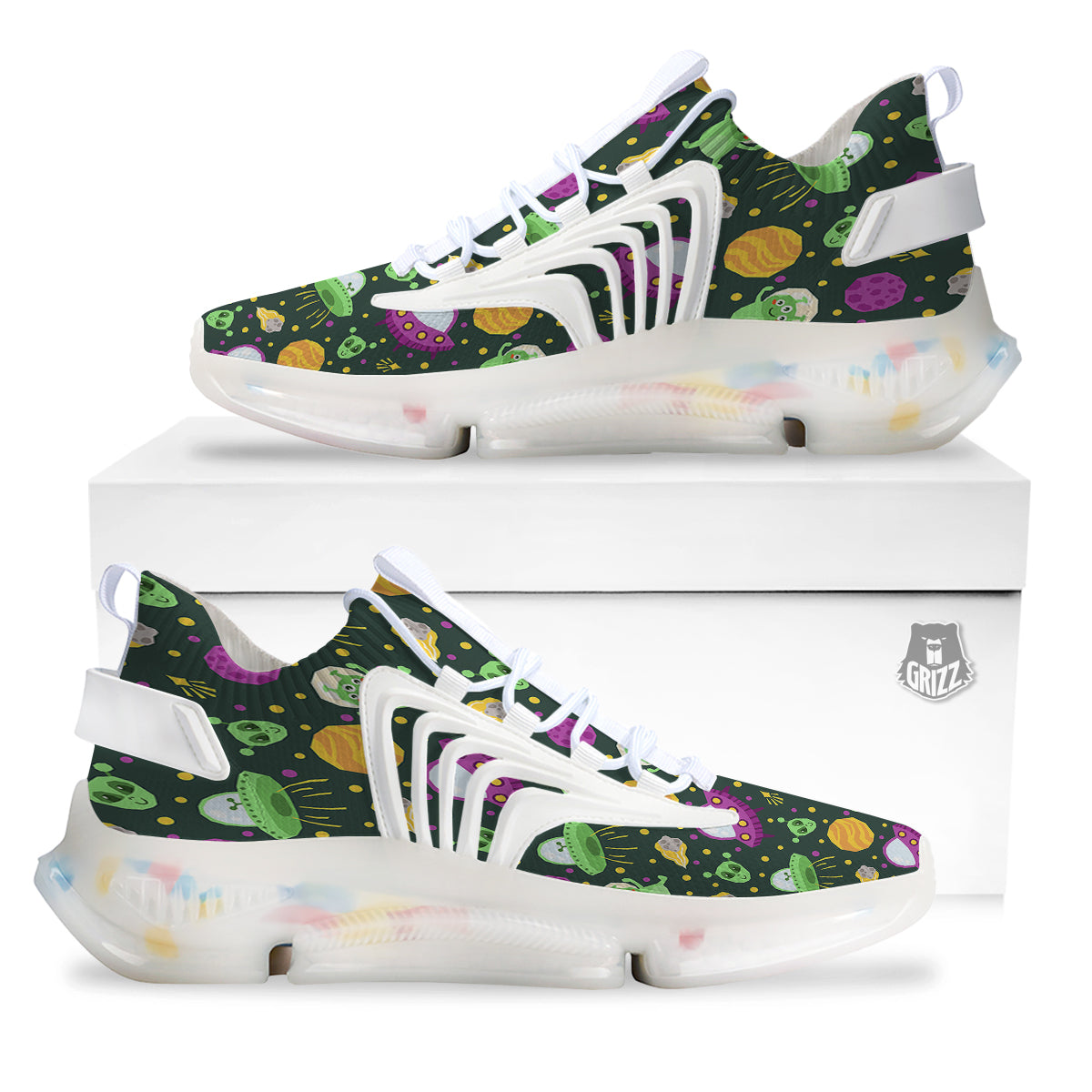 UFO Little Green Alien Print Pattern White Gym Shoes-grizzshop