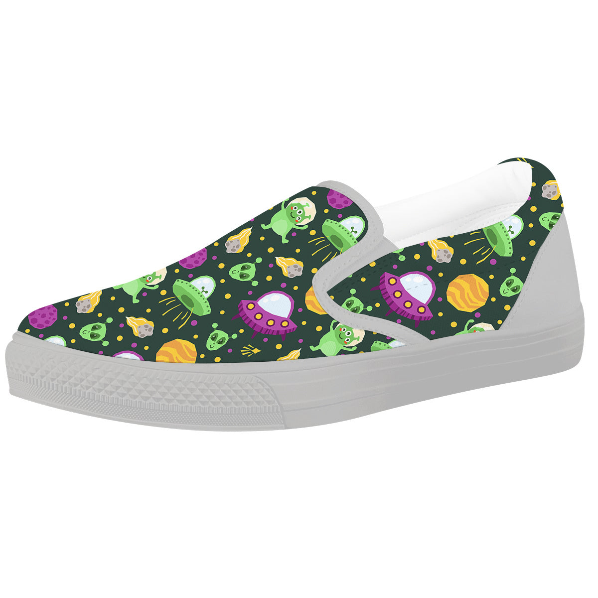 UFO Little Green Alien Print Pattern White Slip On Shoes-grizzshop