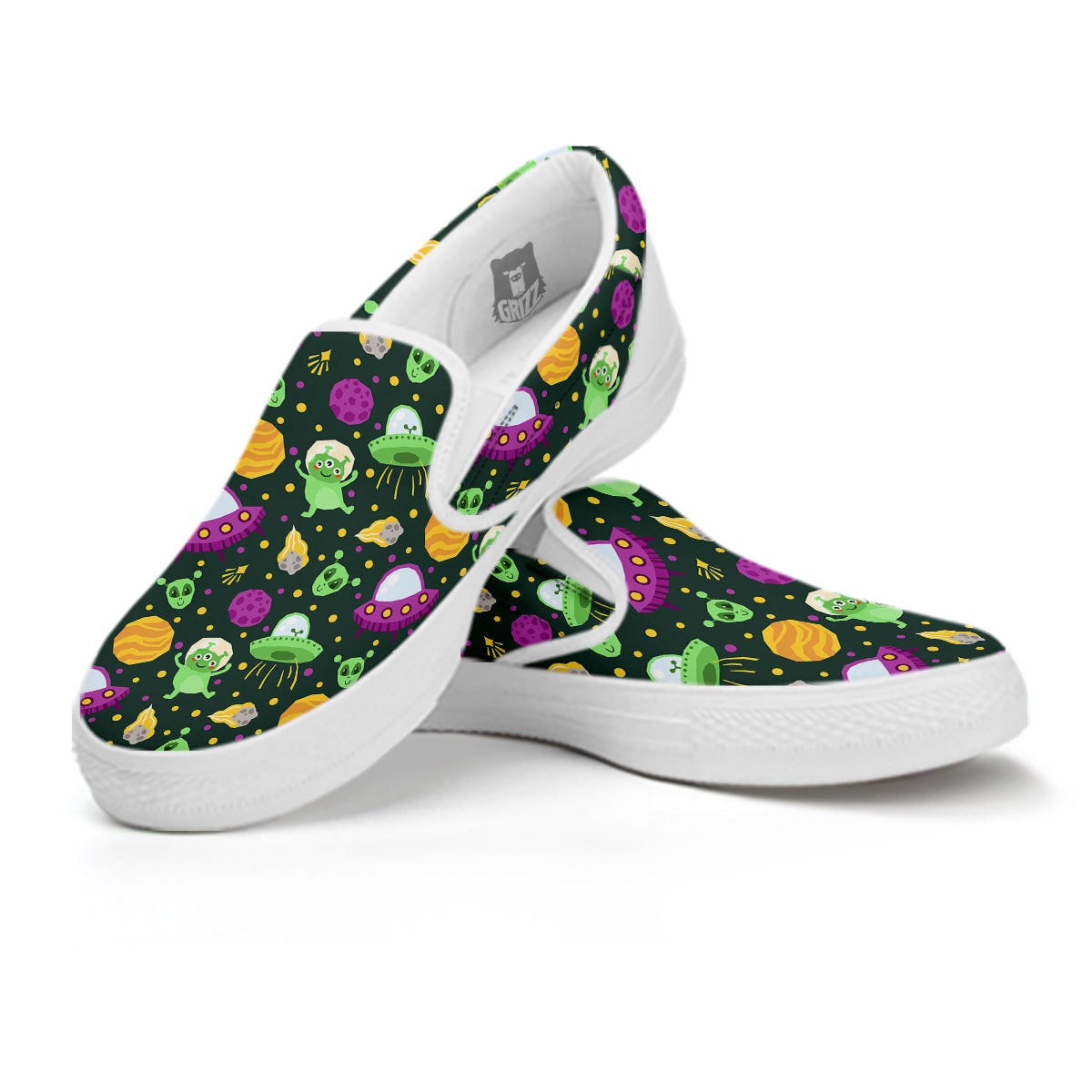UFO Little Green Alien Print Pattern White Slip On Shoes-grizzshop