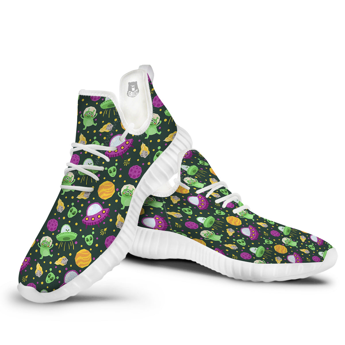 UFO Little Green Alien Print Pattern White Walking Shoes-grizzshop