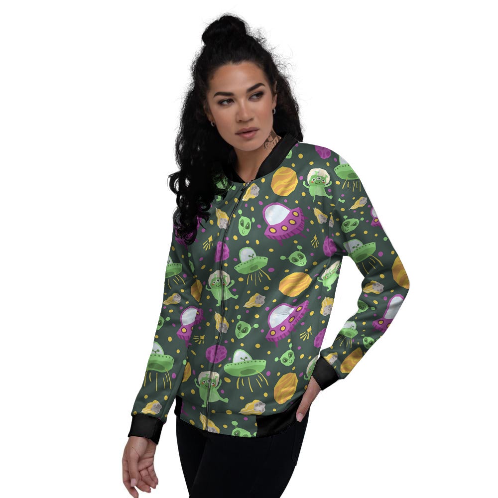 UFO Little Green Alien Print Pattern Women's Bomber Jacket-grizzshop