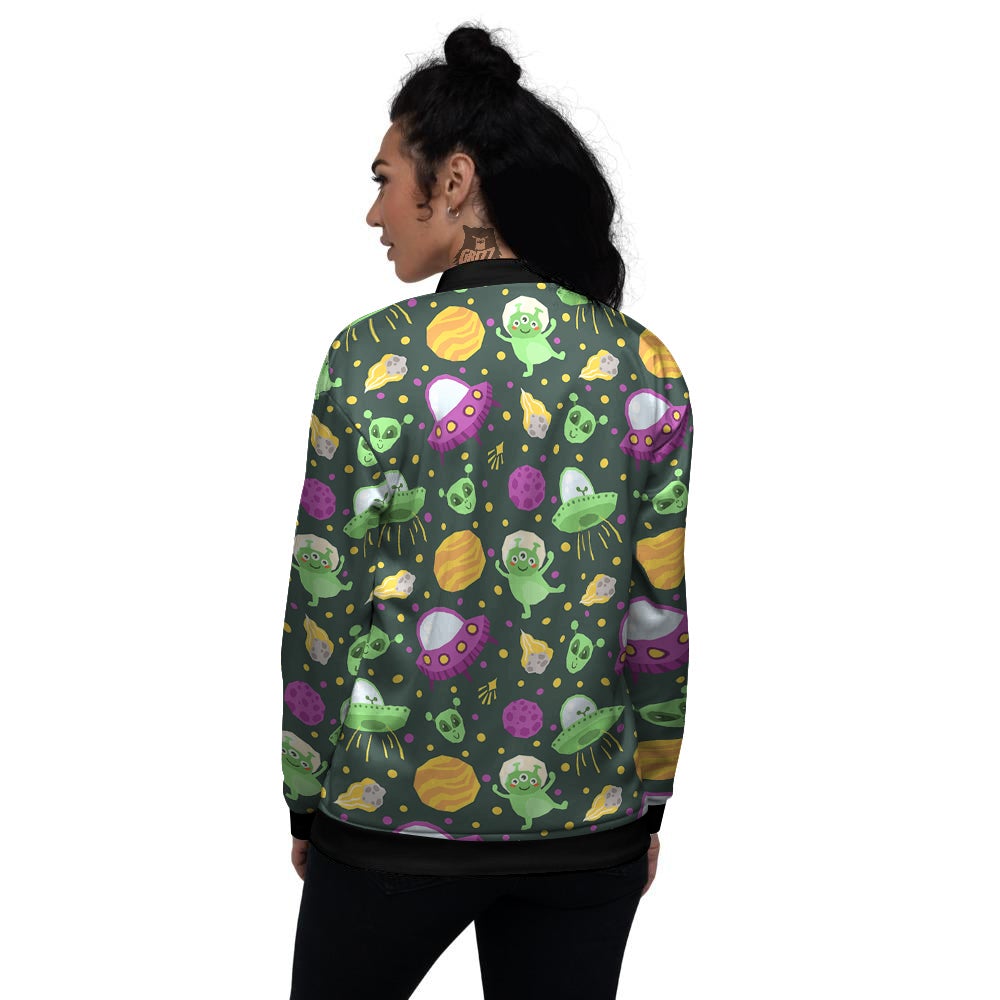 UFO Little Green Alien Print Pattern Women's Bomber Jacket-grizzshop